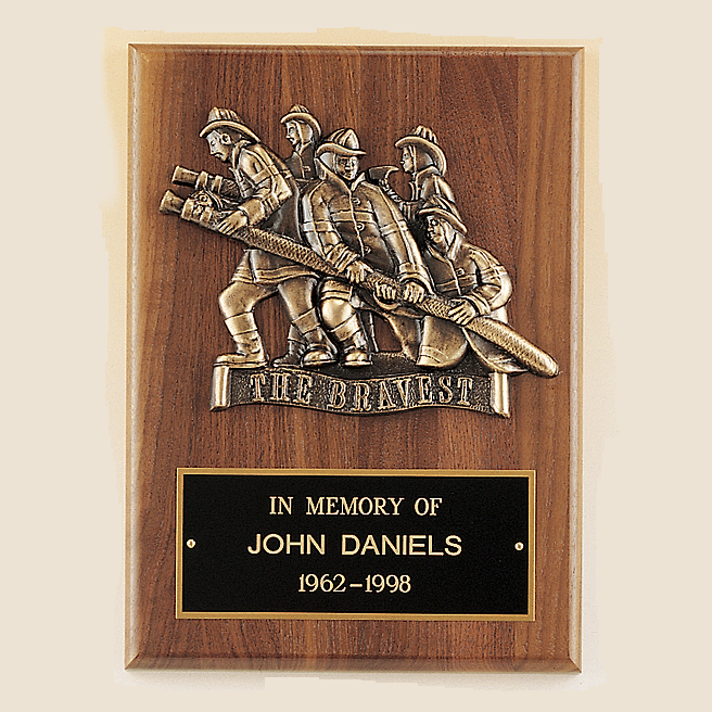walnut wall plaque with firefighters bronze casting