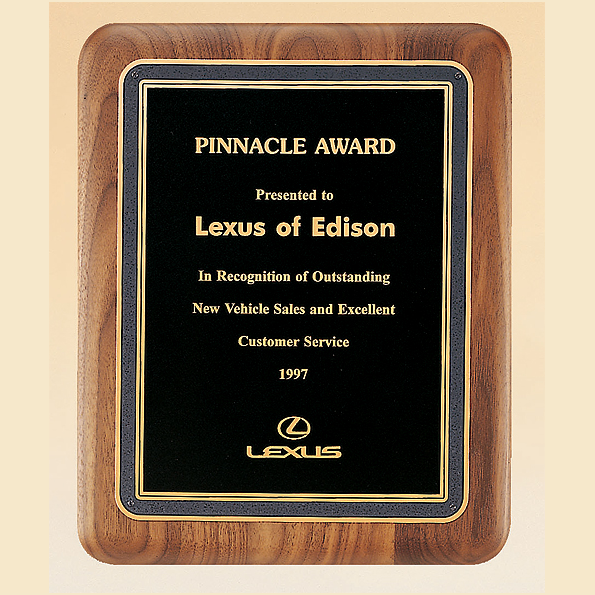 walnut plaque with rounded corners and black brass