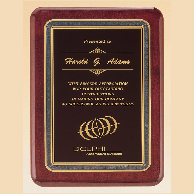 An alternate image of rosewood piano finish plaque - granite florentine border 7 x 9 finish with standard engraving