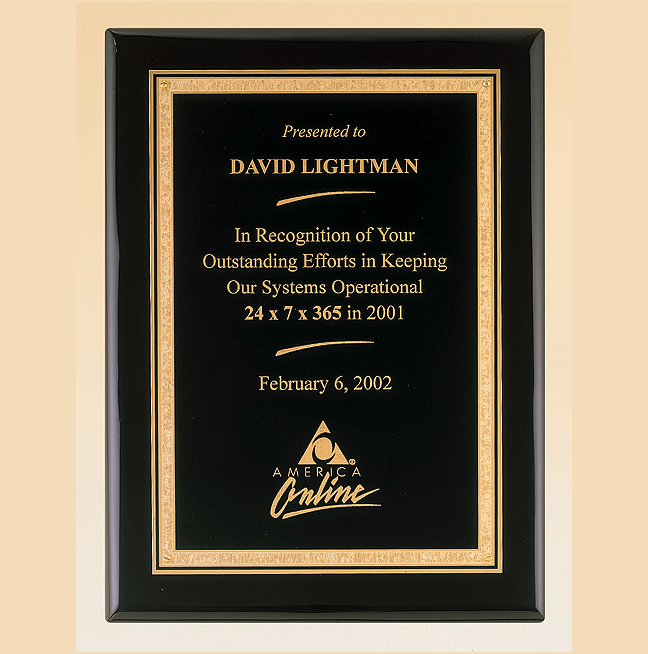 black piano finish wall  plaque - gold florentine border 8 x 10 finish with standard engraving