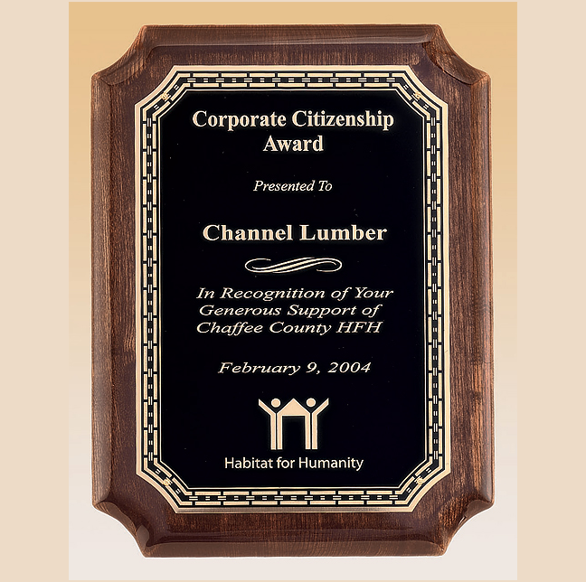 Walnut Piano Finish Award Plaque with Black Brass Plate in 4 Sizes