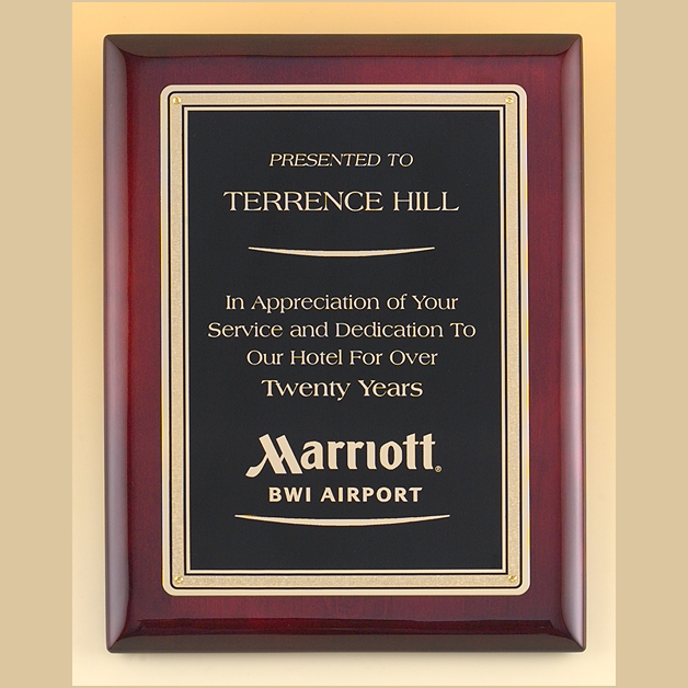 rosewood piano finish wall plaque with florentine border 7 x 9 finish with standard engraving