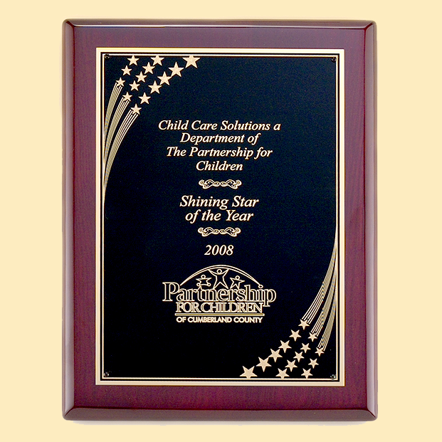 rosewood piano finish wall plaque with stars border 7 x 9 with standard engraving