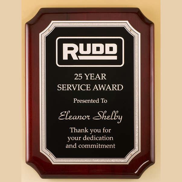 rosewood piano finish plaque - silver florentine border 8 x 10.5 finish with standard engraving