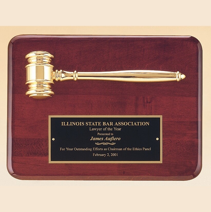 rosewood piano finish gold gavel wall plaque with standard engraving