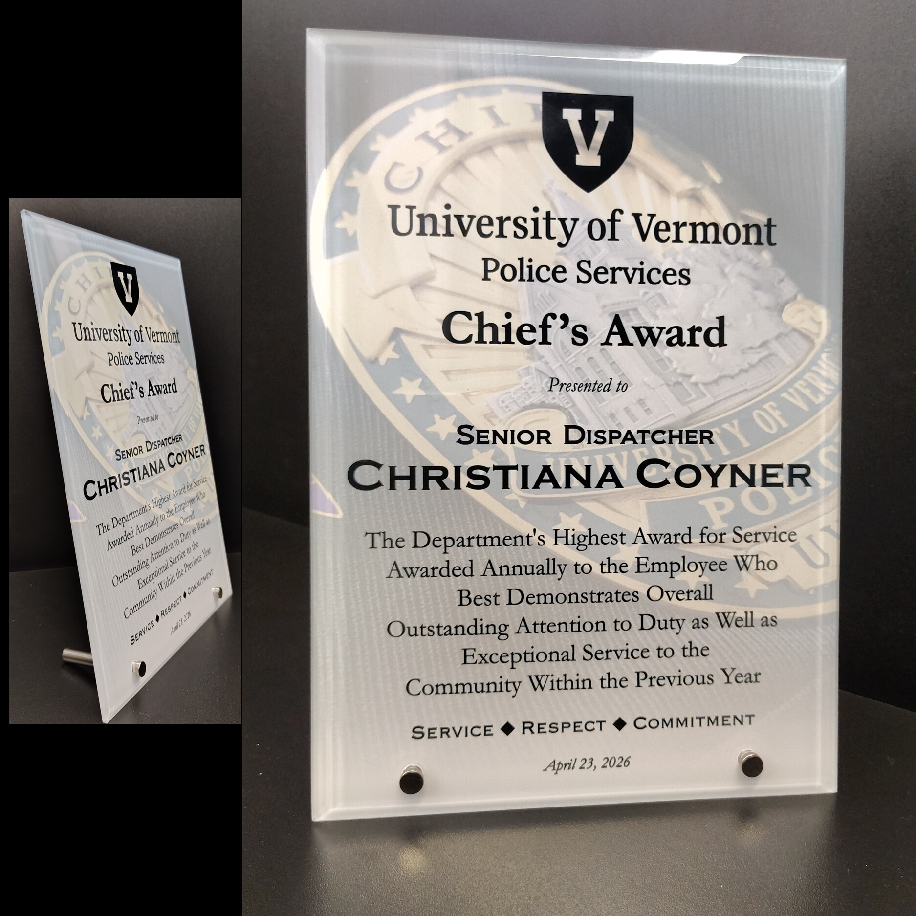 Full Color Glass Plaque with pins for University of Vermont Police with badge watermark