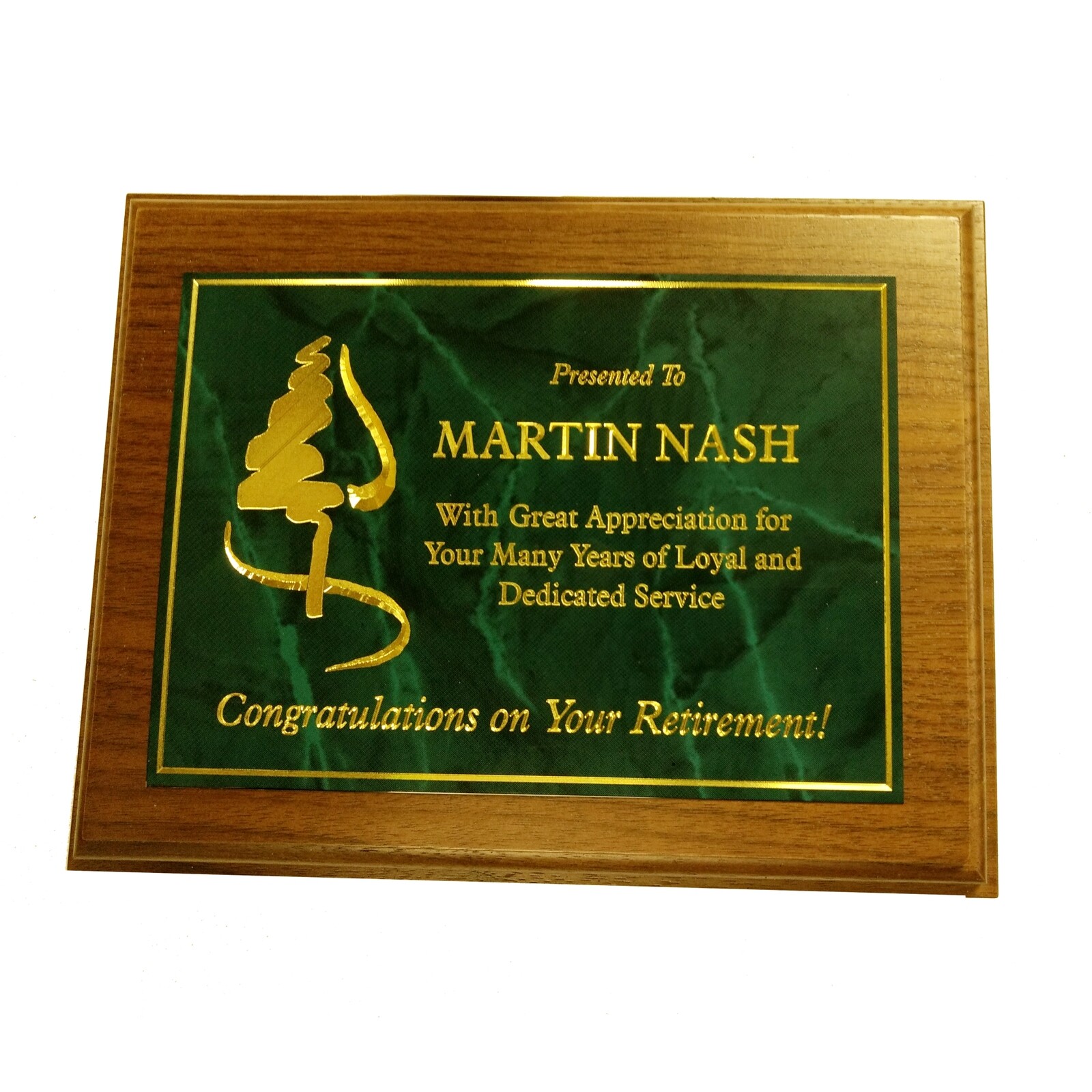 Walnut Plaque With Green Marbled Brass Plate