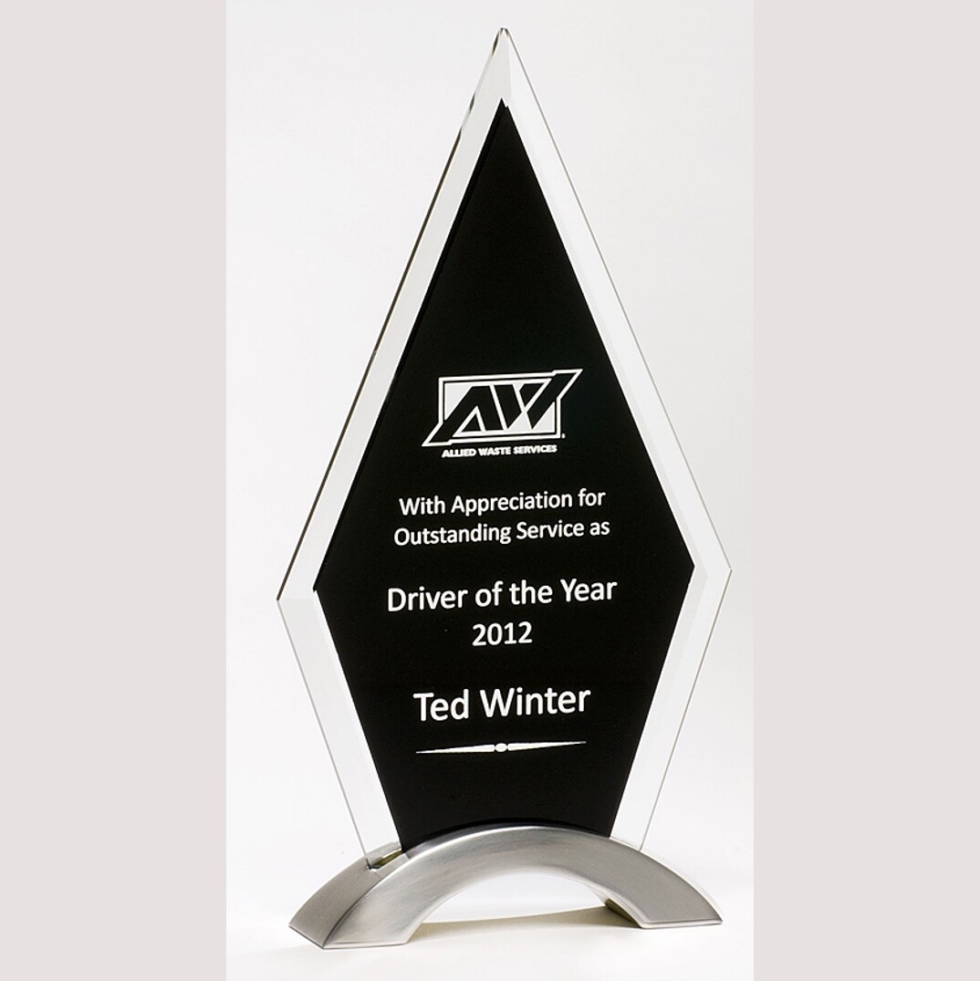Diamond Glass Award With Black Accent On Metal Base In 3 Sizes