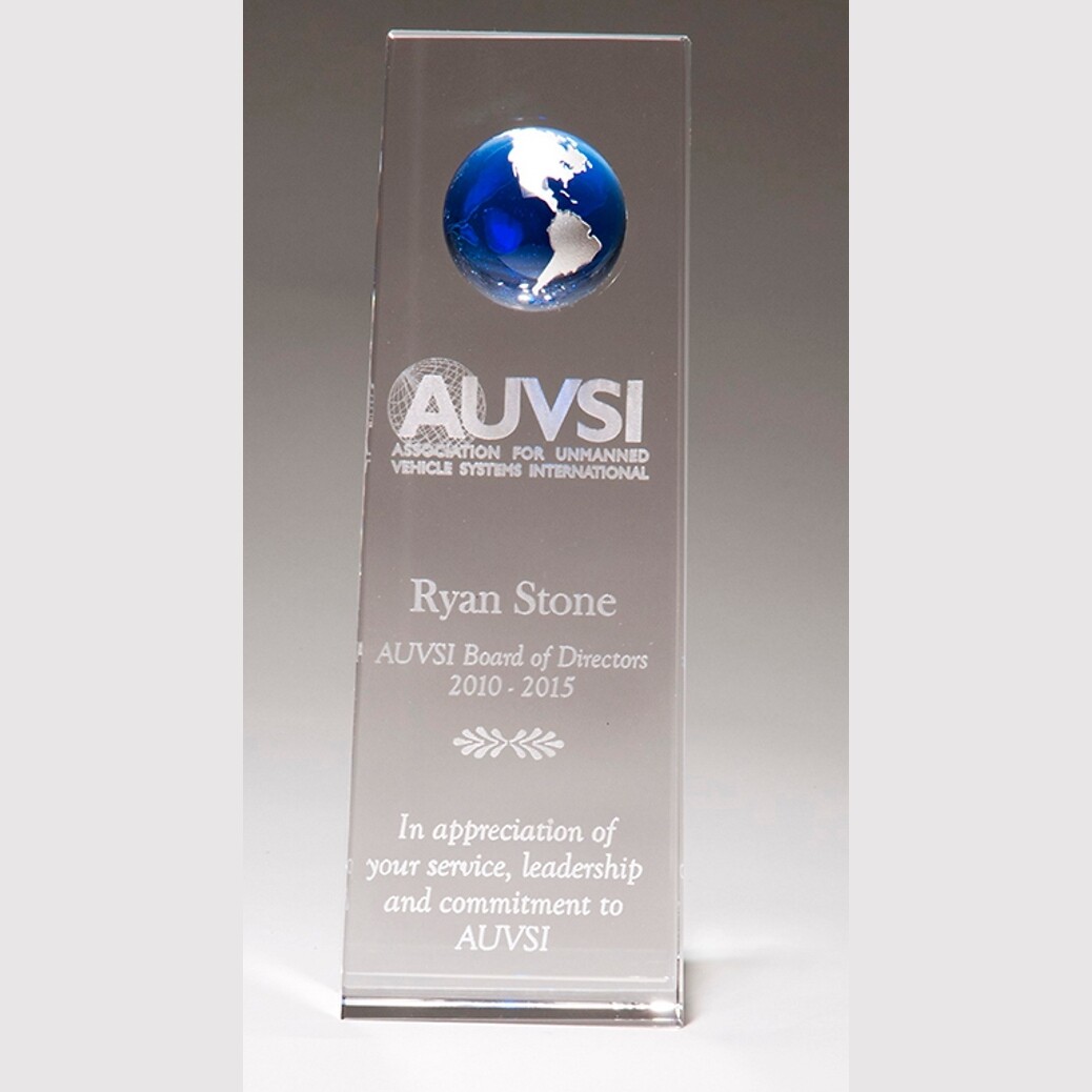 crystal plaque with blue globe award with special engraving
