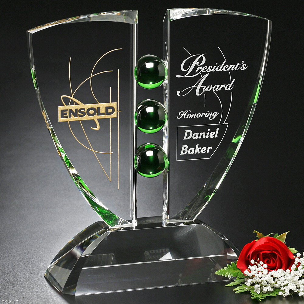 Emerald Spheres Set off this Optical Crystal Award